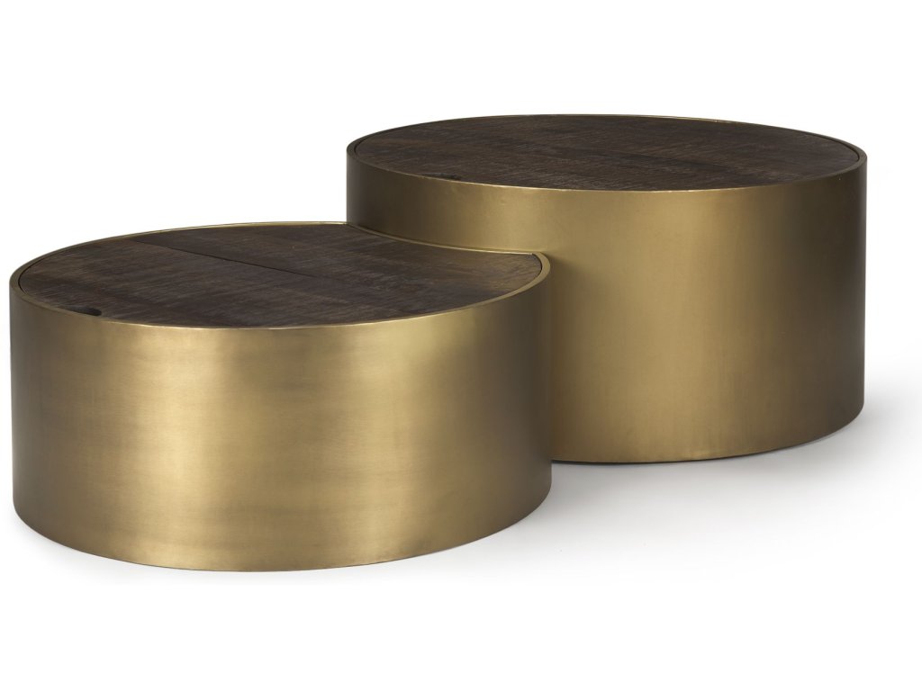 Gold Metal Drum Base w/ Dark Brown Wood Top Nested Coffee Table