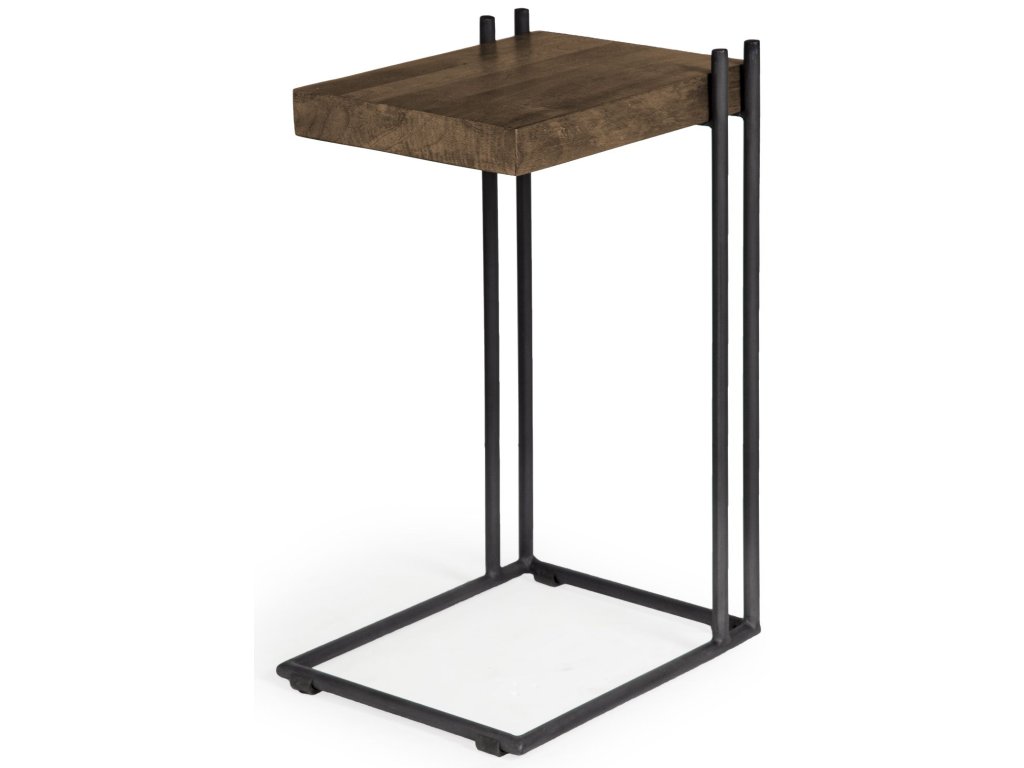 16L x 13.5W x 27H Medium Brown Wood w/ Black Metal C-Shaped End/Side Table