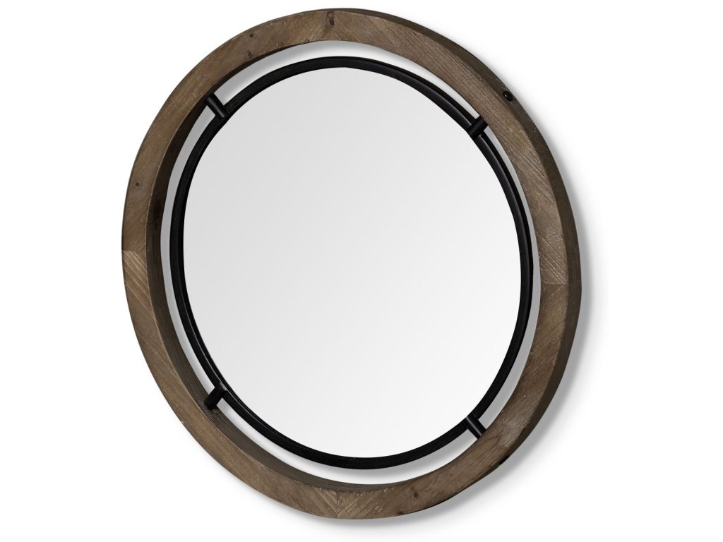 19" Brown Wood and Black Metal Frame Mirror