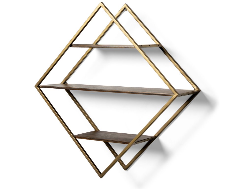 I Diamond Shape Wall Mounted Brass Frame W Three Wood Wall Shelves