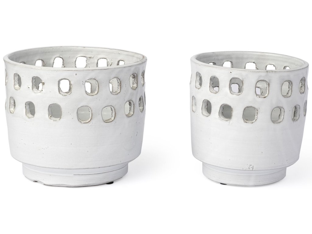 Set of 2 White Ceramic Hollow Pattern Vases