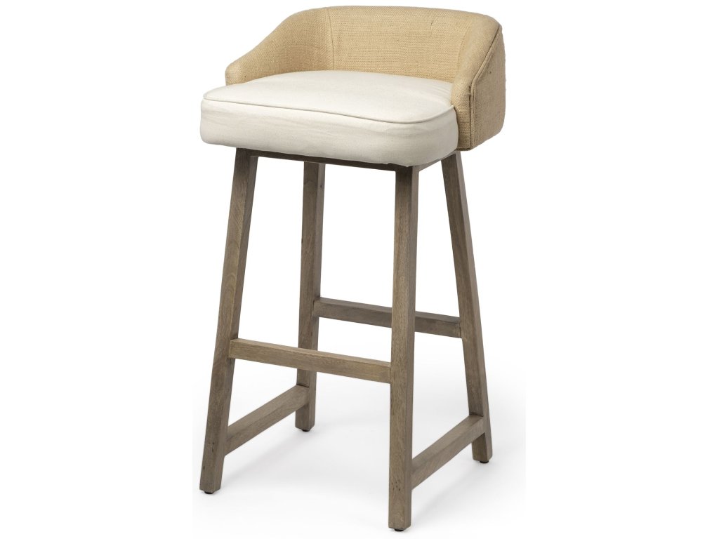 30.5" Seat Height Cream/Beige Fabric Seat Brown Wood Frame Bar Stool