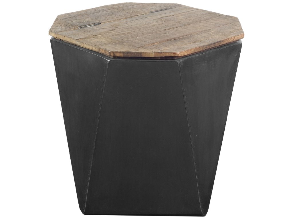 Octagonal Black Metal-Clad Reclaimed Wood End/Side Table w/ Storage