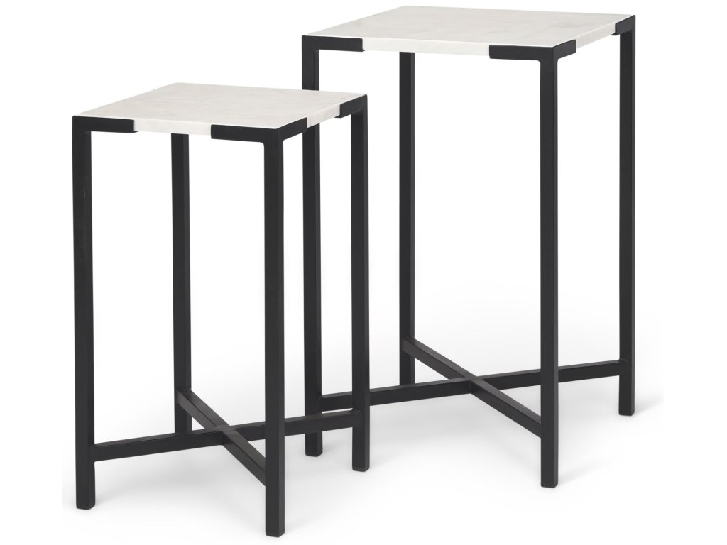 III (Set of 2) 15L x 15W; 12L x 12W White Marble w/Black Iron Frame Accent Tables