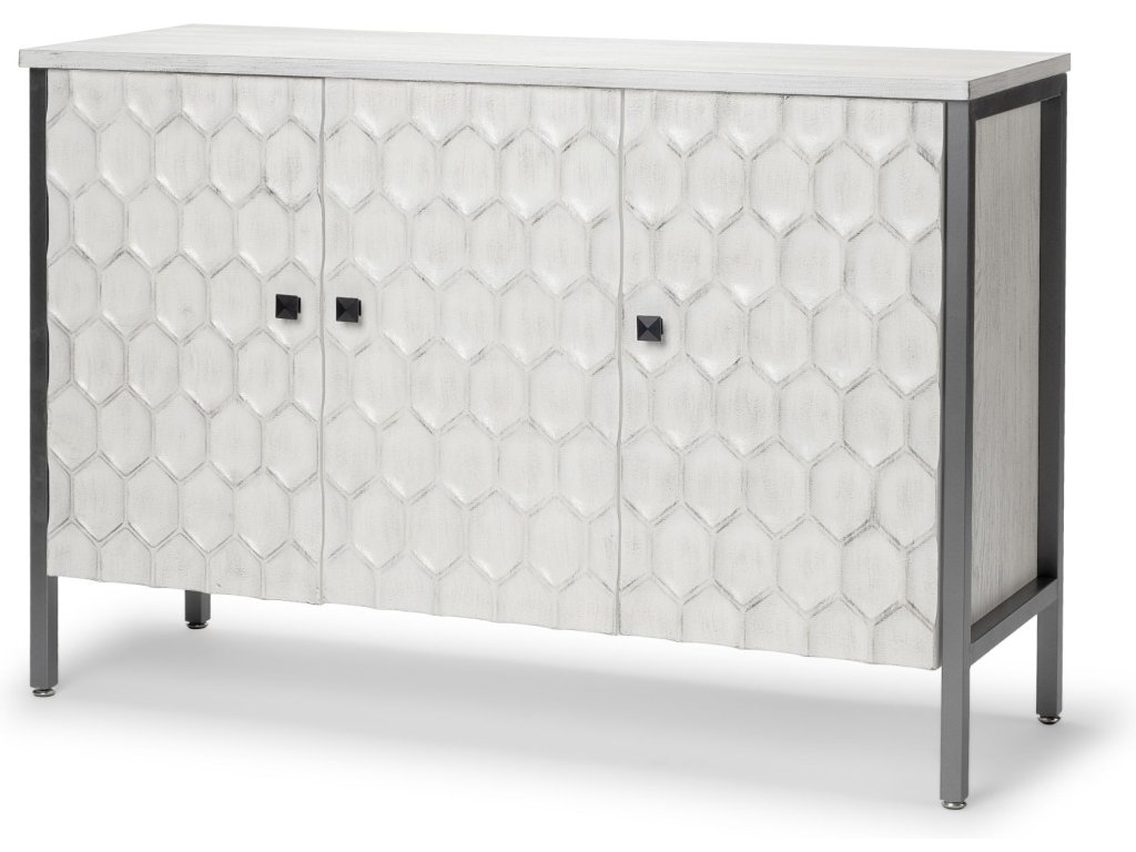 White Fir Veneer & Gray Metal 3-Door Accent Cabinet