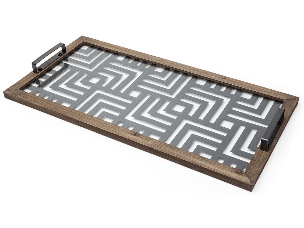 32L x 16W Gray Metal, Wood and Glass Serving Tray