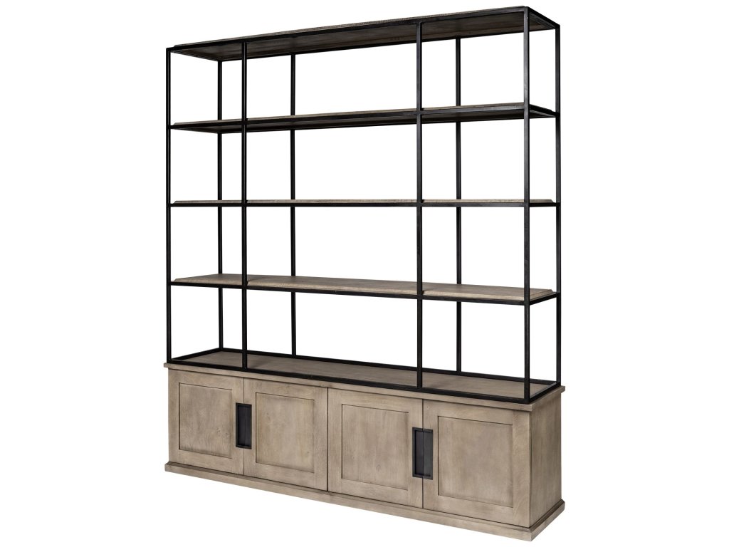 I Light Brown Wood and Iron Three Shelf Shelving Unit 81.5L x 18.5W x 90
