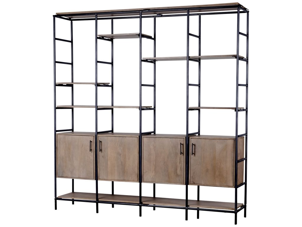 82L x 16.5W x 90H Medium Brown Wood and Metal Multi-Shelf Shelving Unit 68206-ABc
