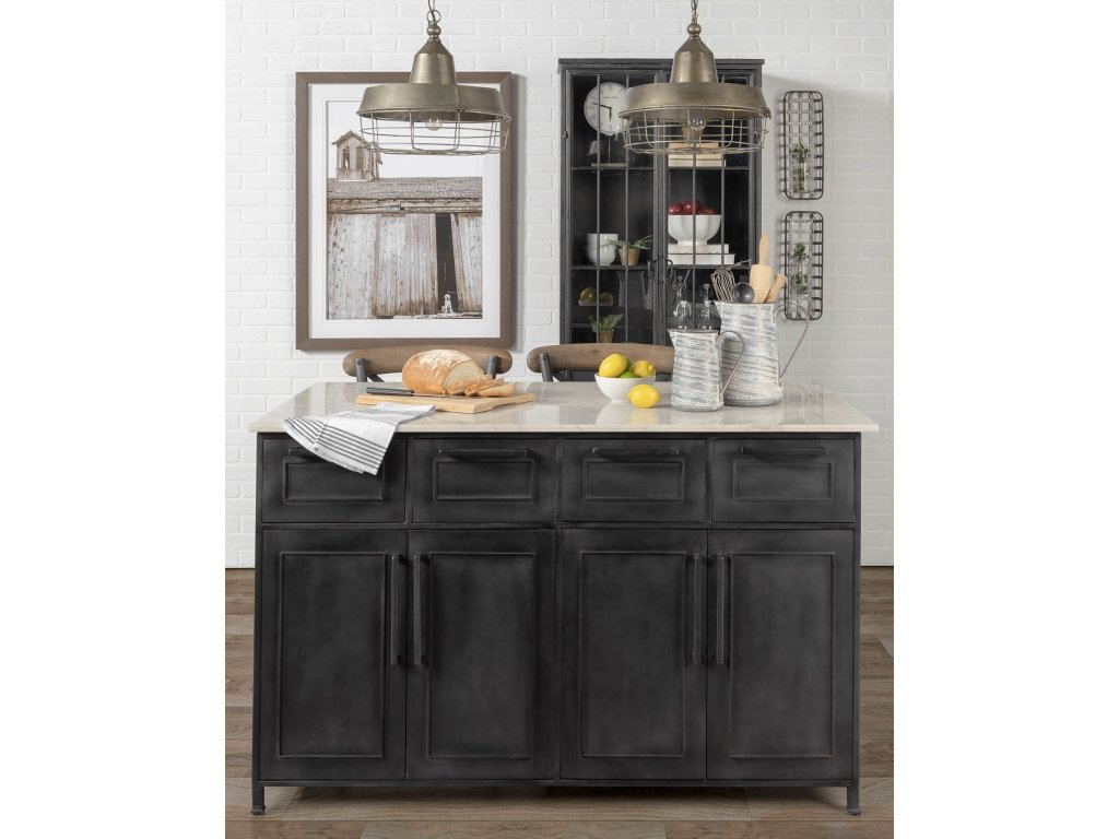 Solid Iron Black Body White Marble Top Four Drawer Kitchen Island