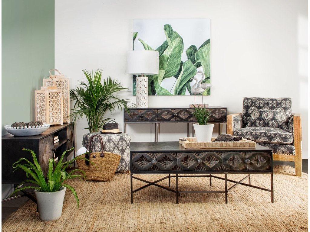 48X24 Rectangular Brown Solid Wood Top Iron Metal Base w/6 Drawers Coffee Table - Alternative View