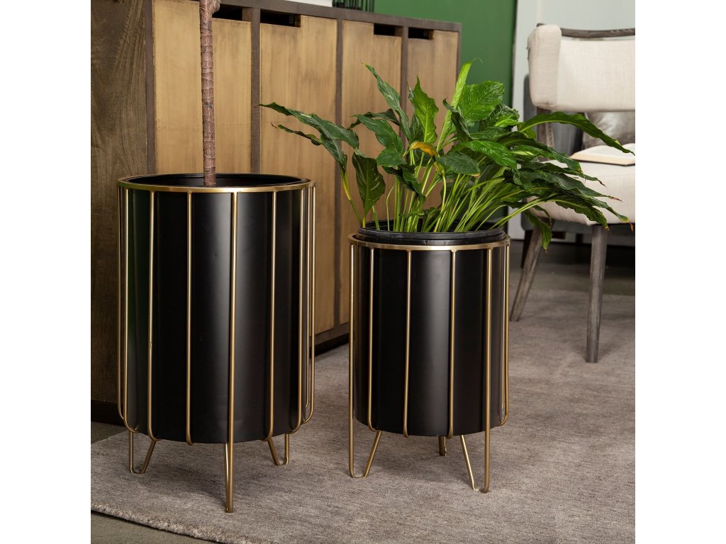 13 x 21 Set of 2 Black Metal Insert Brass Frame Plant Stands - Alternative View
