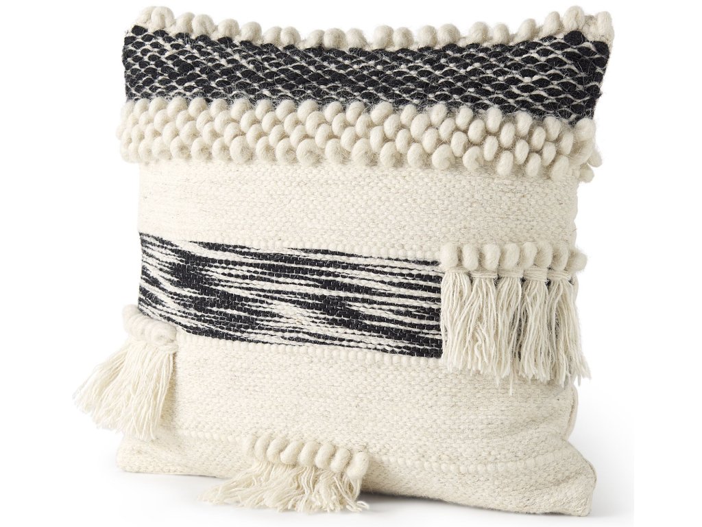 18 x 18 Cream and Black Details With Tassels Decorative Pillow Cover