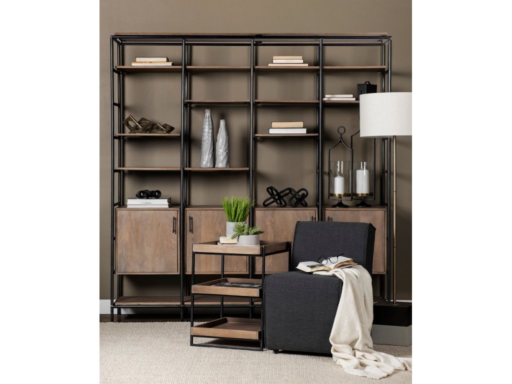 III 20" x 26" Square Medium Brown Wooden Three-Tiered Black Iron Frame End/Side Table - Alternative View