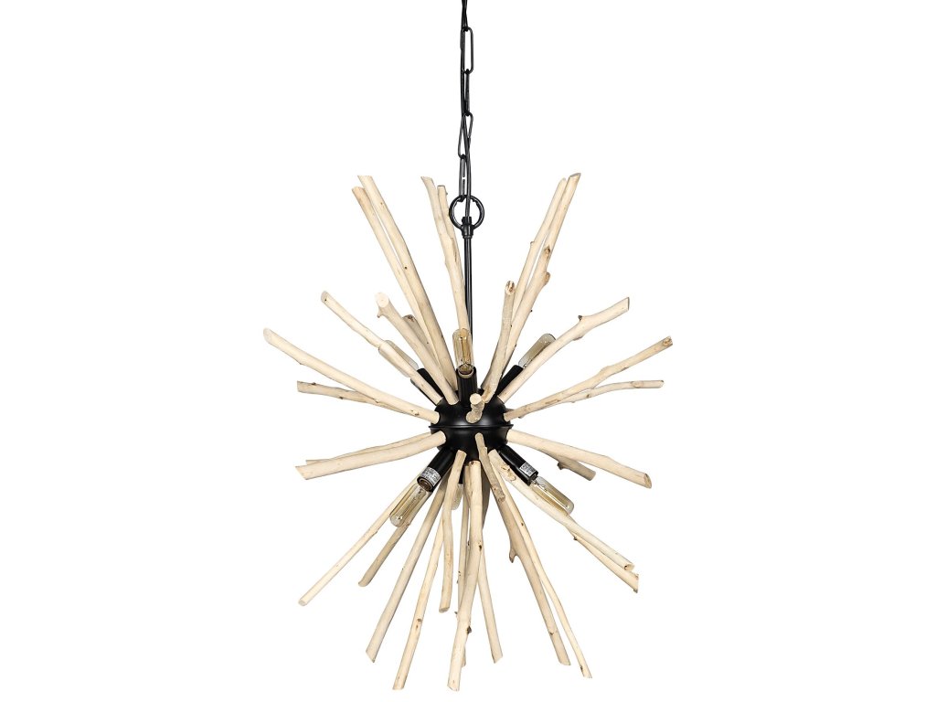 25X25 Blonde Wood and Black Metal Six Bulb Pendant Light