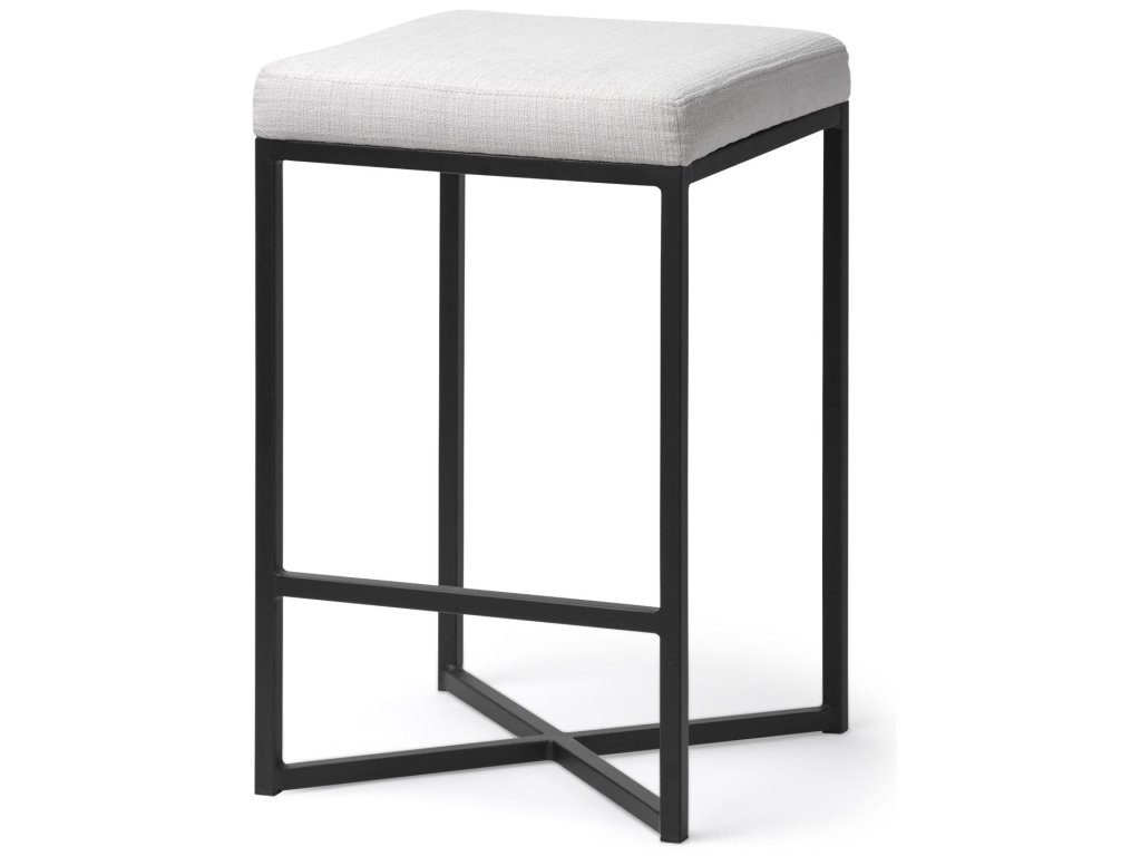 26" Seat Height White Fabric Seat Black Metal Base Stool