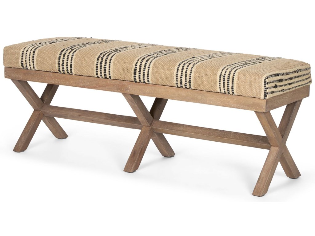 50L x 16W Brown Base Upholstered Beige/Black Stripe Seat Accent Bench