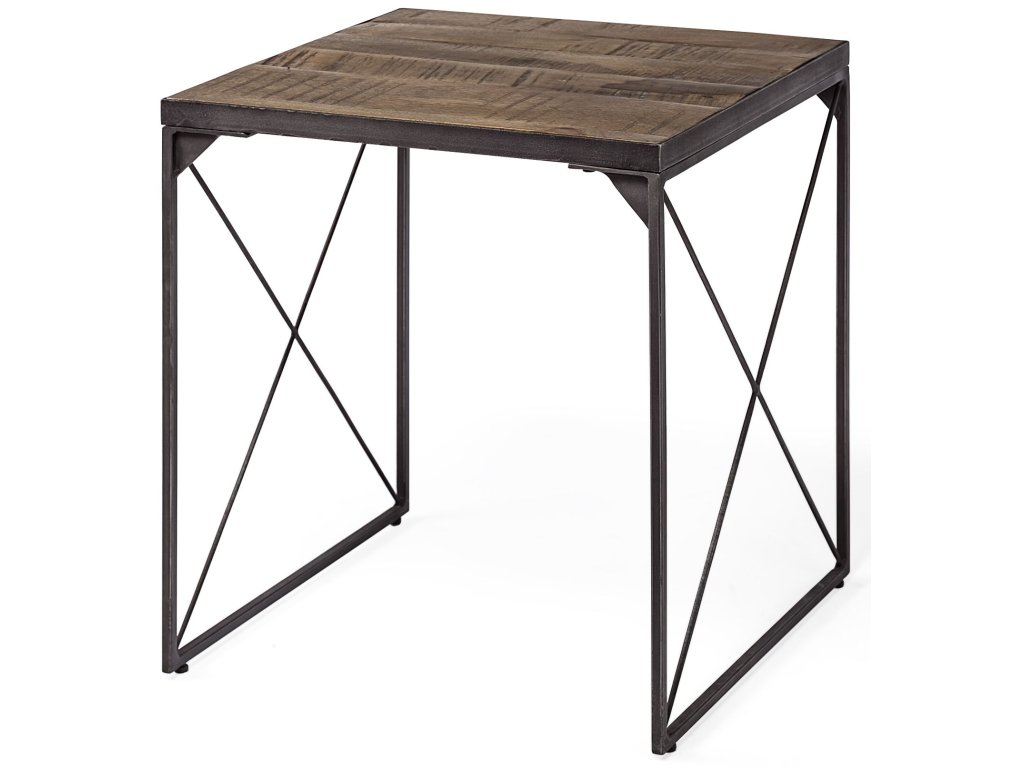 II 24" x 22.5" Square Top Medium Brown Wood and Iron Cross Braced End/Side Table