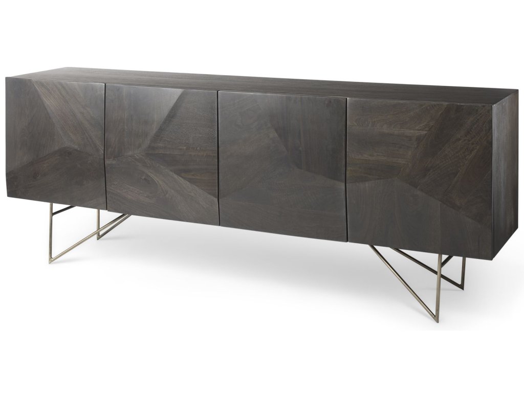 80X17.5 Brown Solid Wood Gold Metal Base 4 Cabinet Door Sideboard