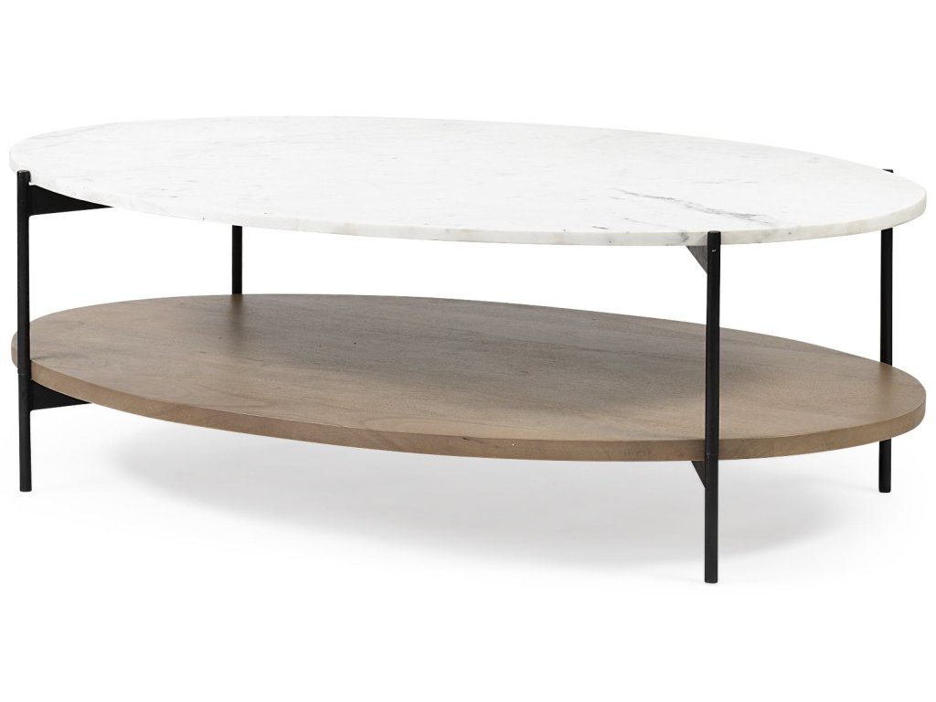 48" Oval White Marble Top and Solid Wood Shelf w/ Black Metal Frame Coffee Table