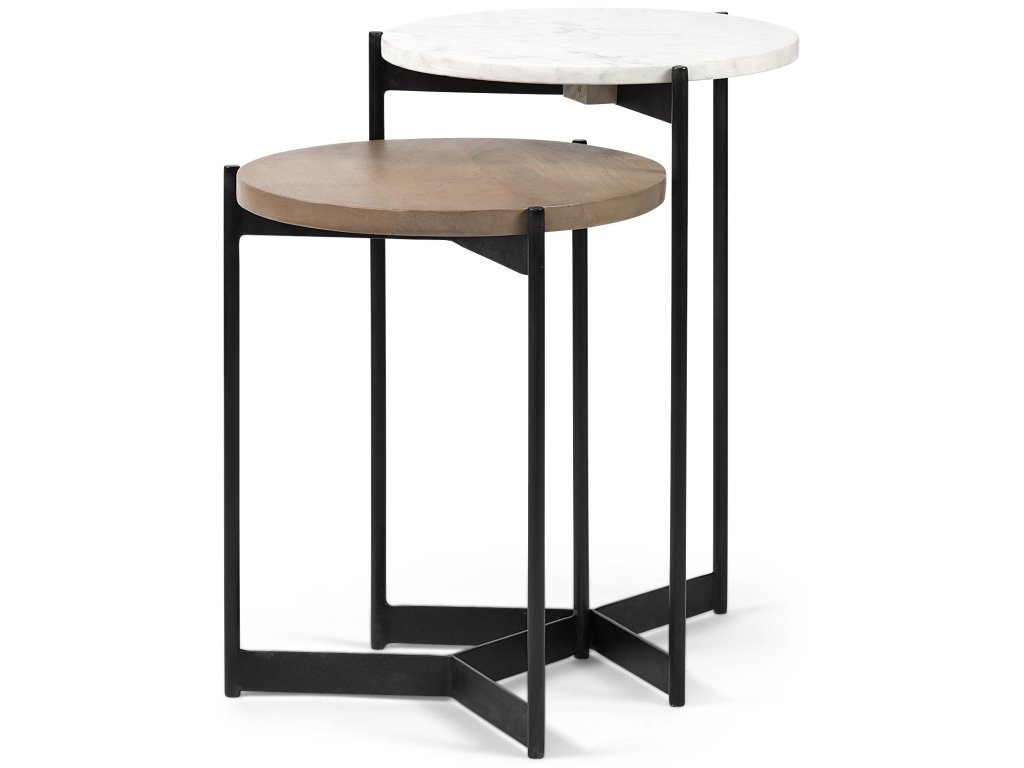 II Marble and Medium Brown Wood Round Tabletop Nesting End/Side Tables