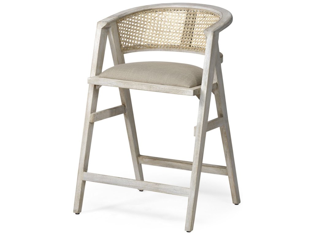 26.75" Seat Height Beige Fabric/Rattan Seat Blonde Wood Frame Counter Stool