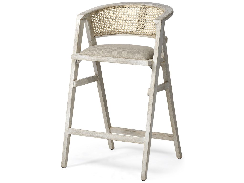 30.75" Seat Height Beige Fabric/Rattan Seat Blonde Wood Frame Bar Stool