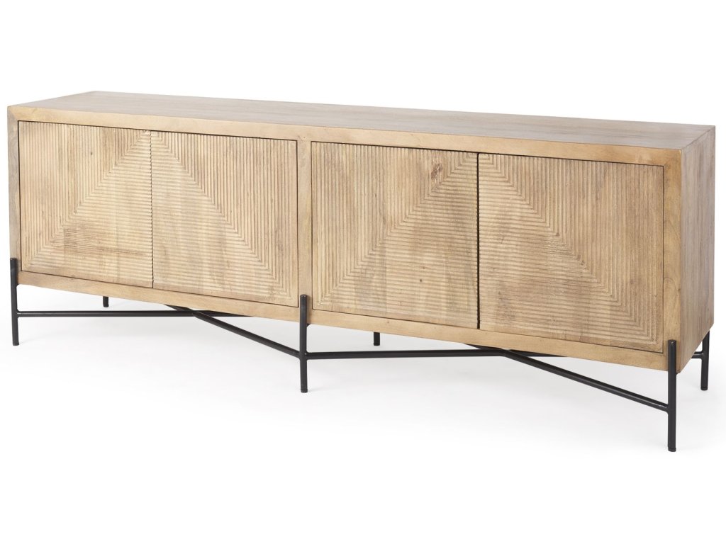 78X19 Brown Solid Wood Black Metal Base 4 Door Cabinet Sideboard