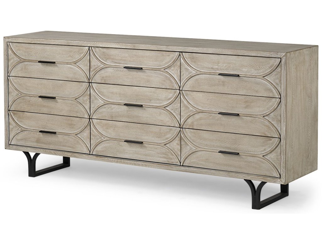 II Brown Fir Veneer w/Black Metal Leg 9 Drawer Sideboard