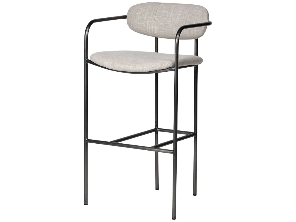 30" Seat Height Beige Fabric Seat Gun Metal Grey Metal Bar Stool