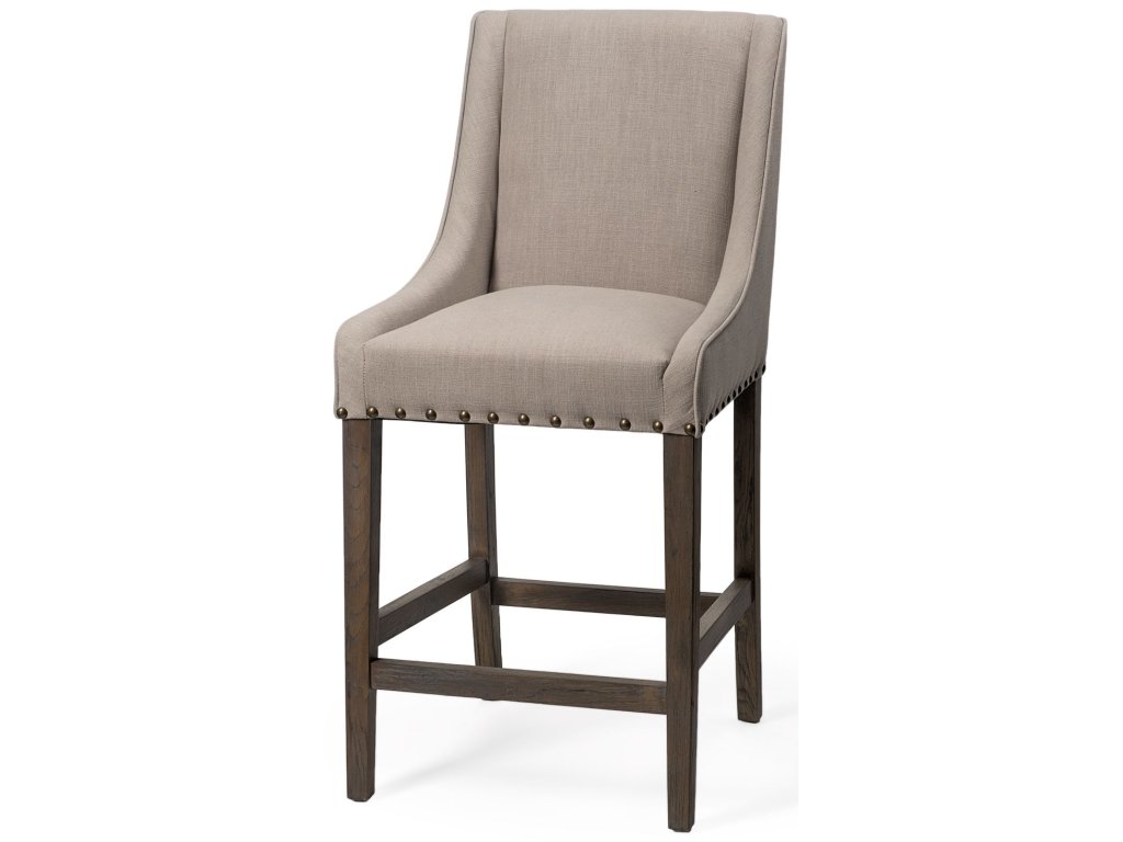 27.5" Seat Height Beige Fabric Seat Brown Wood Frame Counter Stool