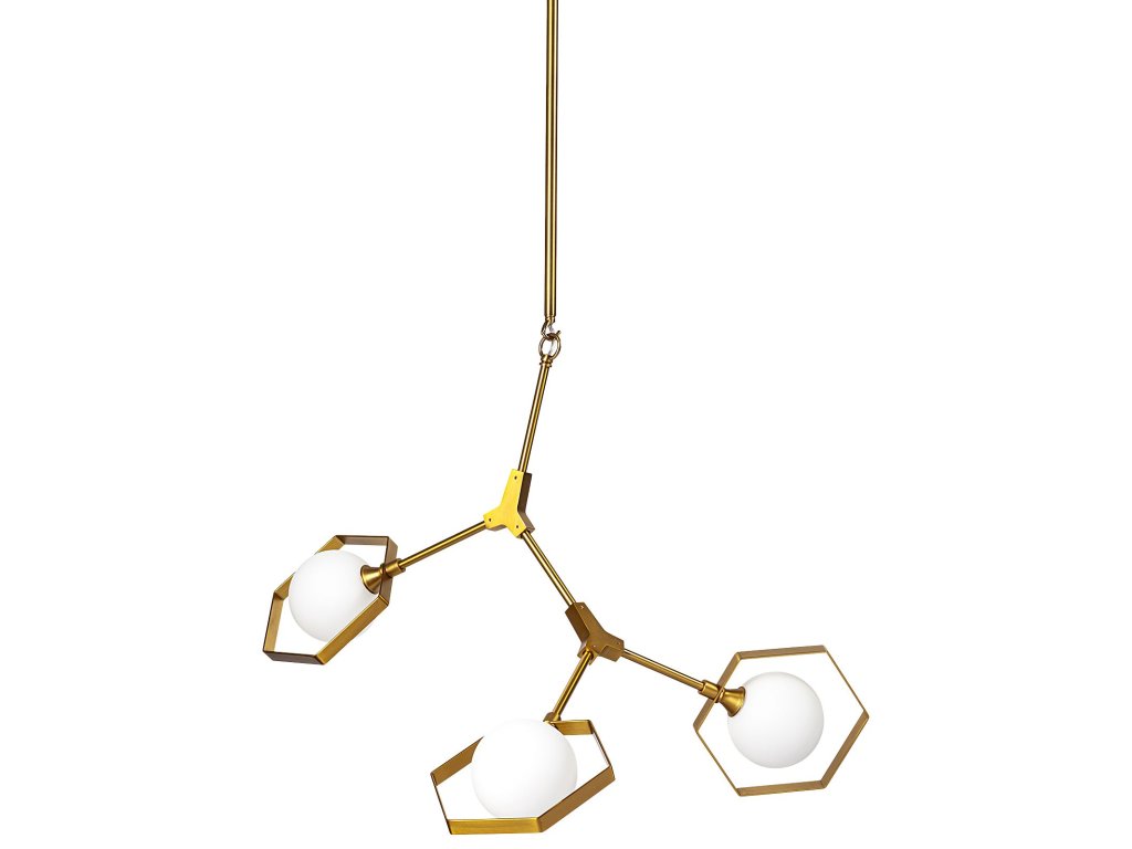 II (33.9"L x 8.8"W x 28"H) Brass-Toned Metal Multi-Arm Three Light Chandelier