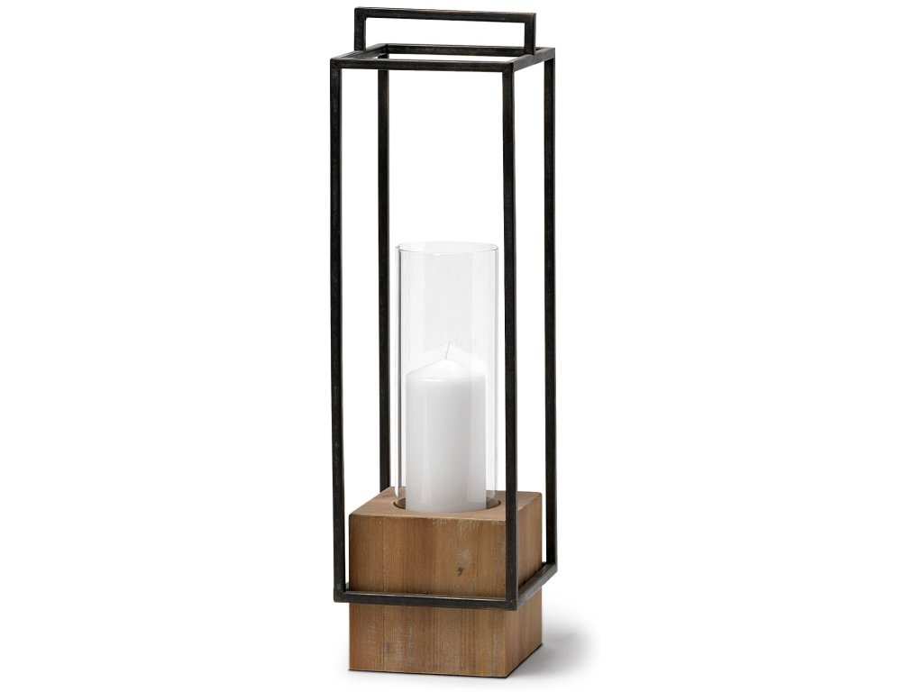 Large Wood w/ Black Metal Lantern Candle Holder