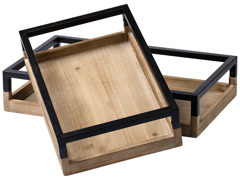 Set of 2 Natural Wood w/ Black Metal Nesting Trays