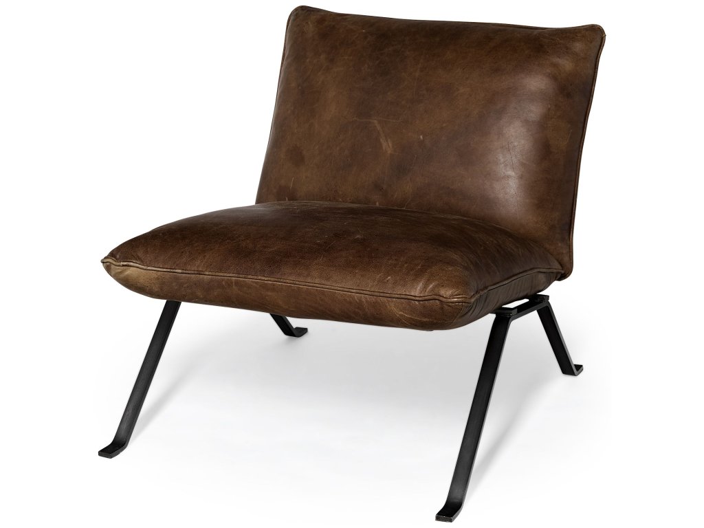 I Brown Leather Cushion Seat and Solid Iron Base Accent Chair