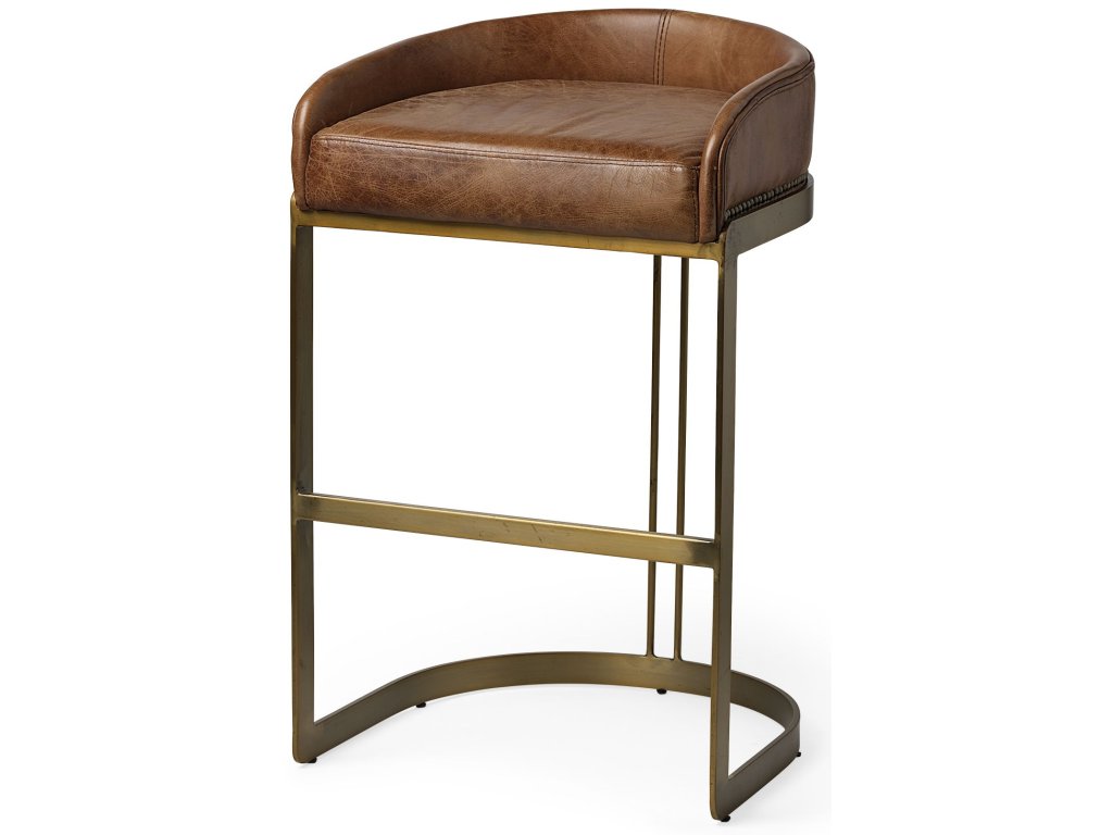 20.5L x 19.75W x 32.75H Brown Leather Seat Gold Metal Base Bar Stool