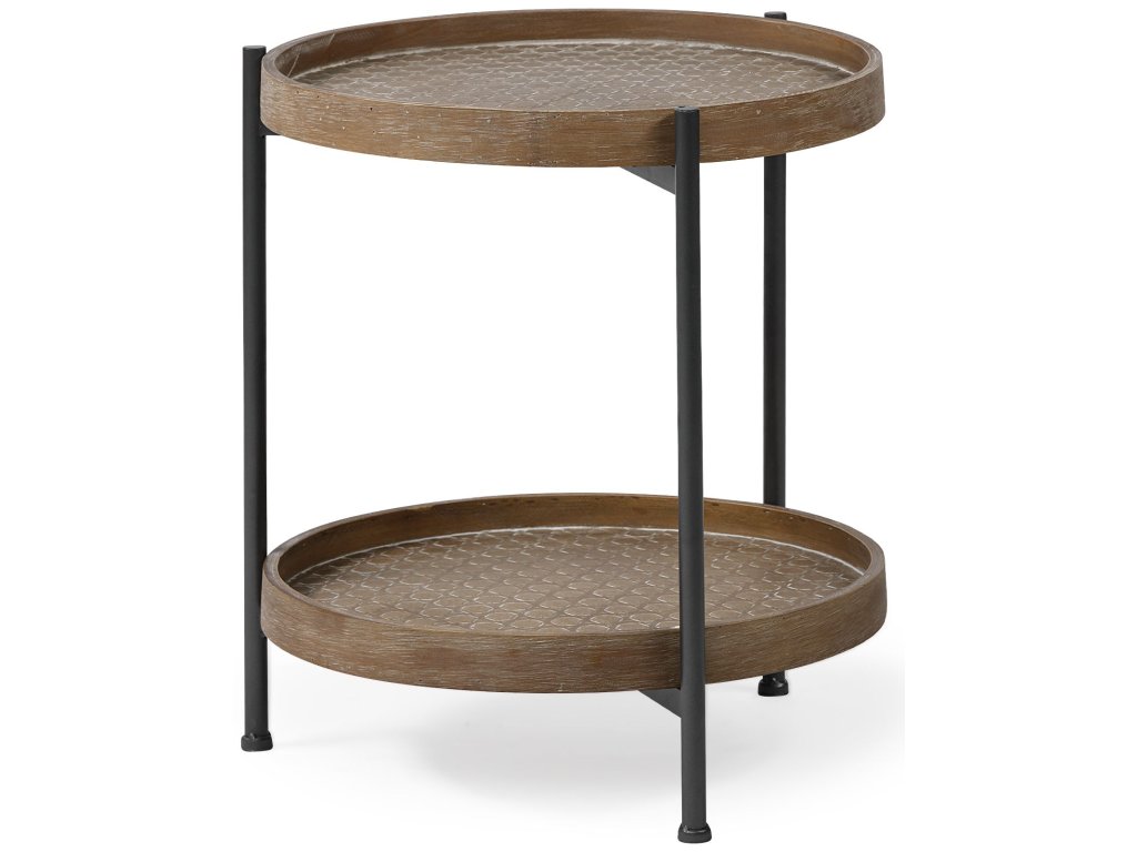 III 16.9" Round Top Natural Brown Wood and Gray Metal Frame Tray-Style End/Side Table