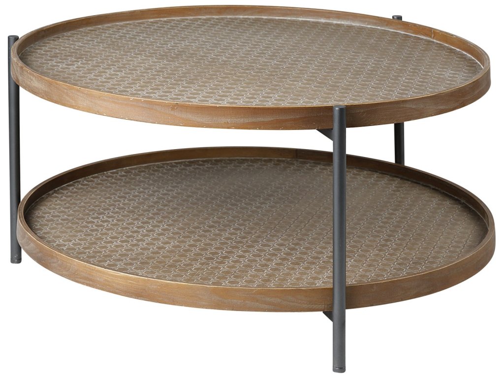 33" Round Brown Table Gray Metal Frame Two-Tier Coffee Table