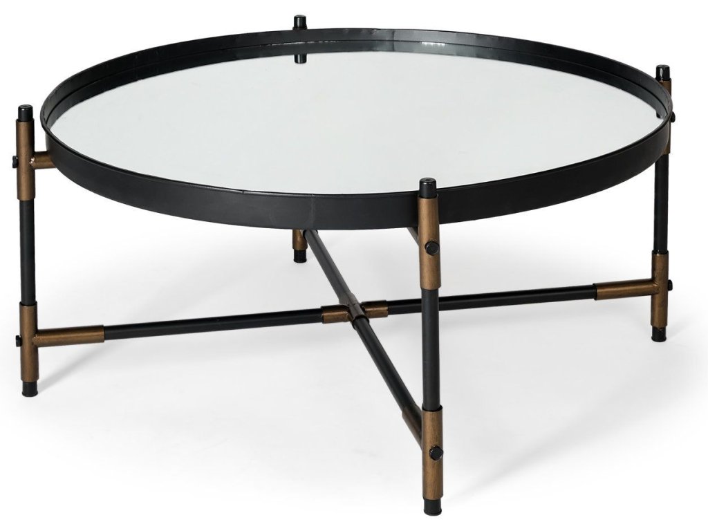 32L x 32W Black Round Mirrored Top w/Metal Base Coffee Table