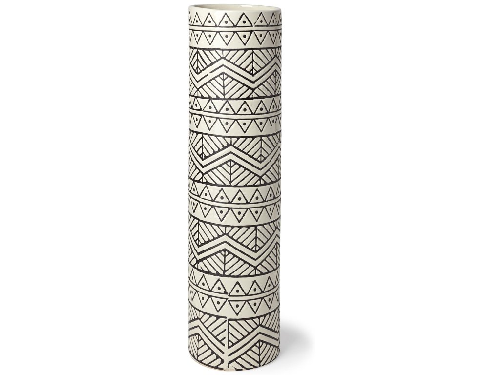 II Large Cream Black Patterned Cylindrical Ceramic Vase