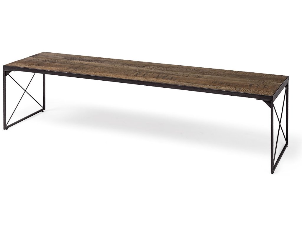 III 66L x 18W Brown Wood Top w/Black Iron Base Accent Bench