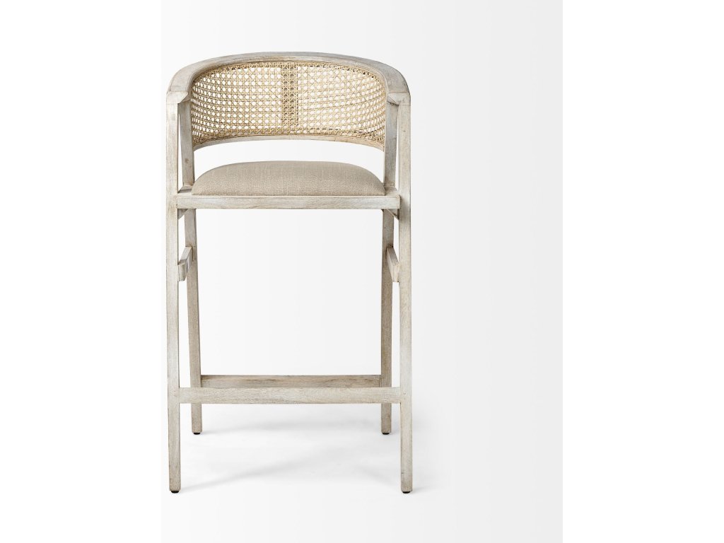30.75" Seat Height Beige Fabric/Rattan Seat Blonde Wood Frame Bar Stool