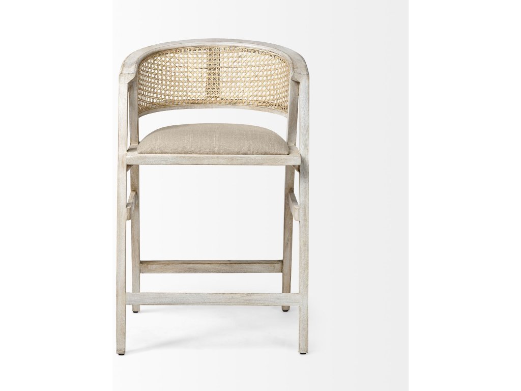 26.75" Seat Height Beige Fabric/Rattan Seat Blonde Wood Frame Counter Stool