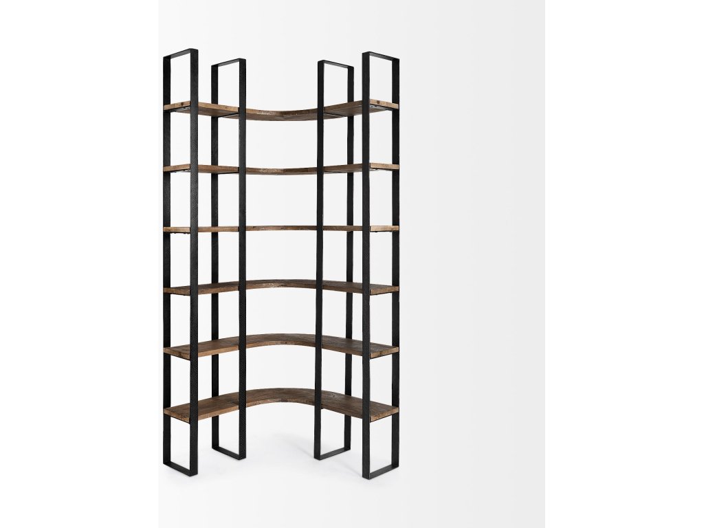 II 37L x 10.5W x 90H Curved Dark Brown Wood and Black Iron Six Shelving Unit