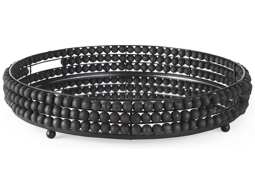 II 21L x 21W Black Wooden Bead Mirrored Bottom Round Tray