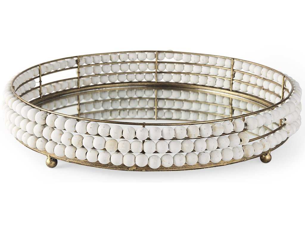 I 21L x 21W White Wooden Bead Mirrored Bottom Round Tray