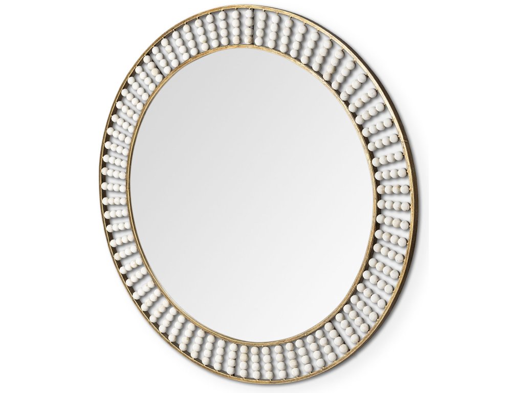 42" Round Gold Metal Frame Mirror w/White Wood Beads