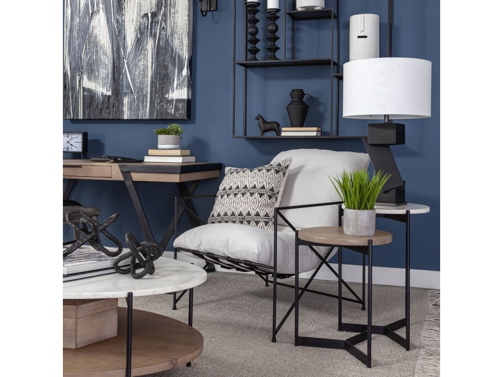 II Marble and Medium Brown Wood Round Tabletop Nesting End/Side Tables