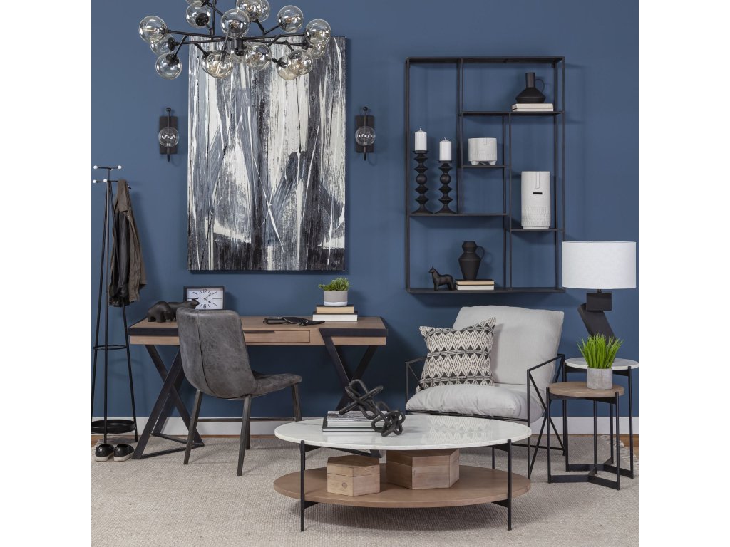 48" Oval White Marble Top and Solid Wood Shelf w/ Black Metal Frame Coffee Table - Alternative View
