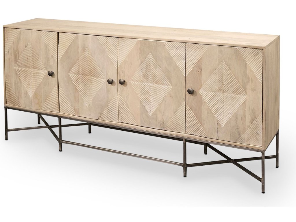 III 72L x 15W x 34H Brown Solid Wood Frame Gold Metal Base 4 Cabinet Door Sideboard