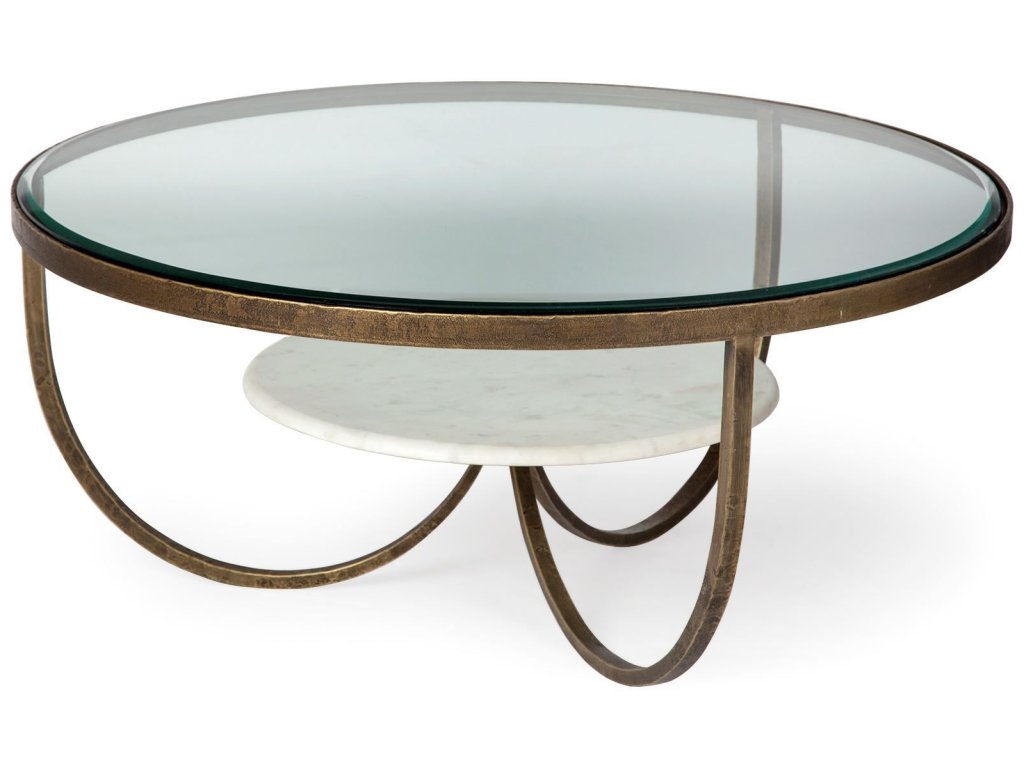 36" Round Glass Top Marble Shelf Gold Metal Base Coffee Table